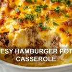 CHEESY HAMBURGER POTATO CASSEROLE centered hero view, clean and uncluttered