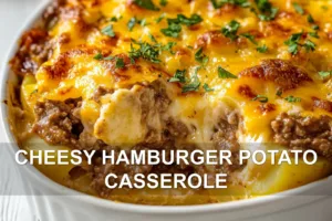 CHEESY HAMBURGER POTATO CASSEROLE centered hero view, clean and uncluttered