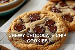 CHEWY CHOCOLATE CHIP COOKIES centered hero view, clean and uncluttered