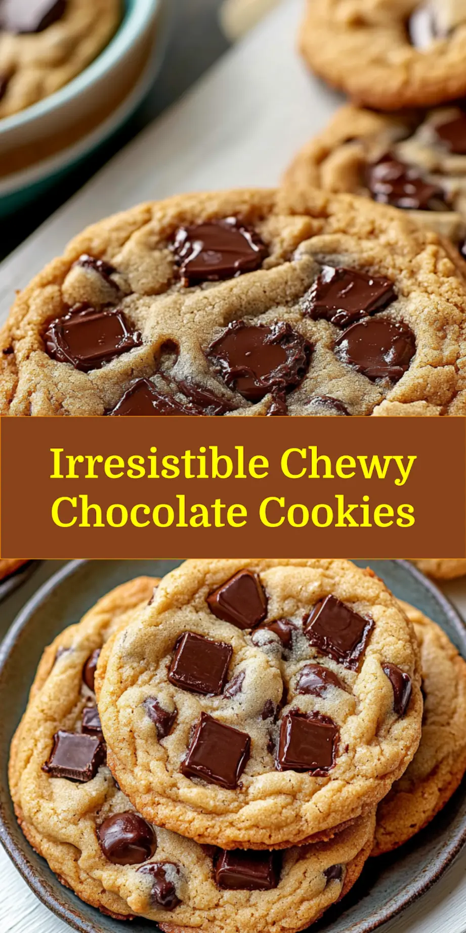 A close-up of freshly baked chewy chocolate chip cookies cooling on a wire rack