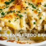 CHICKEN ALFREDO BAKE centered hero view, clean and uncluttered