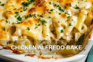 CHICKEN ALFREDO BAKE centered hero view, clean and uncluttered