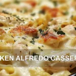 CHICKEN ALFREDO CASSEROLE centered hero view, clean and uncluttered