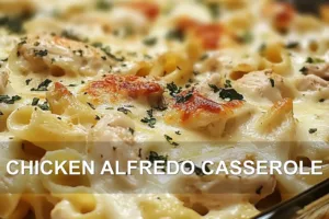 CHICKEN ALFREDO CASSEROLE centered hero view, clean and uncluttered