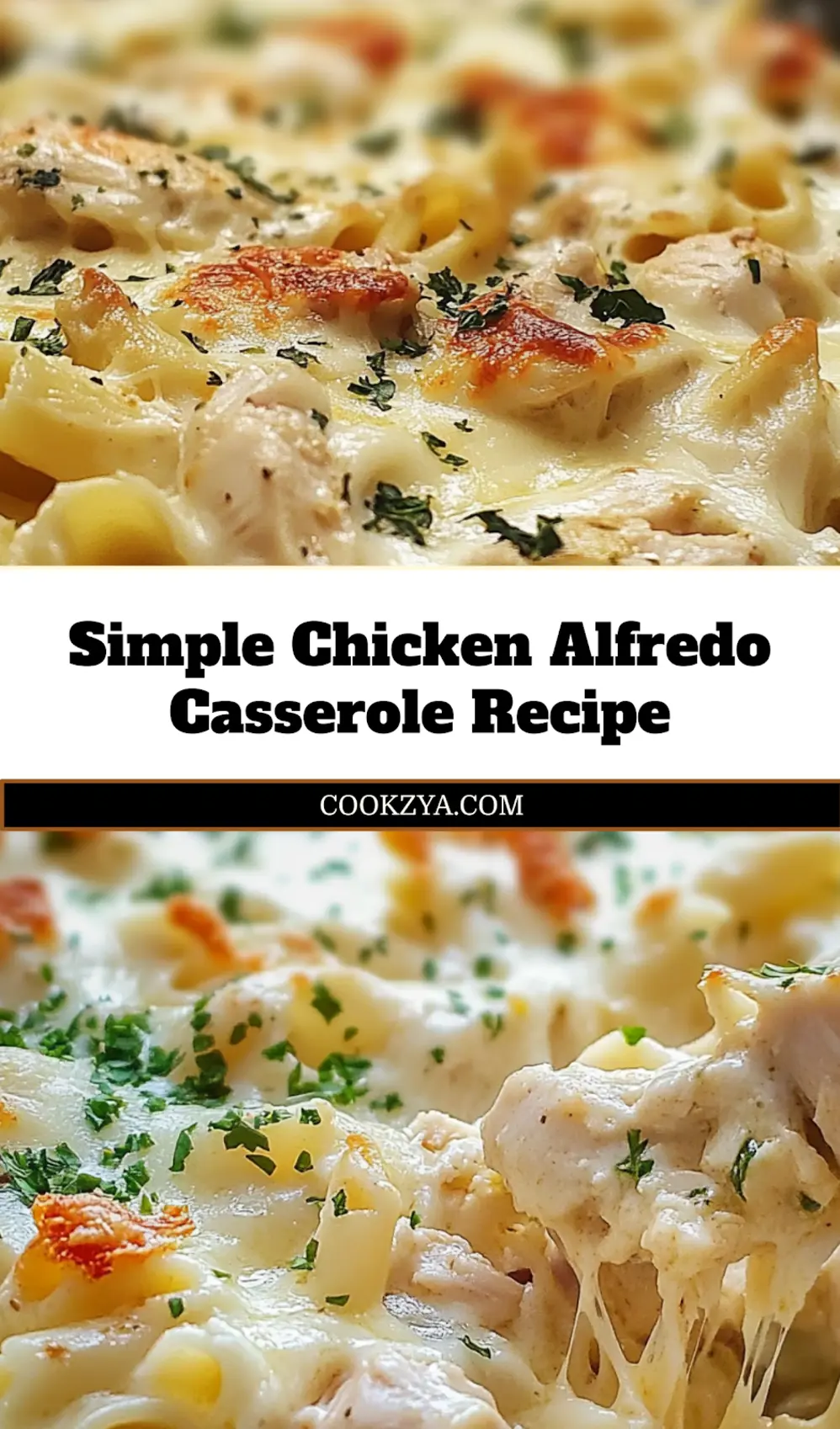 Finished Chicken Alfredo Casserole, golden and bubbling in a baking dish