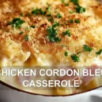 CHICKEN CORDON BLEU CASSEROLE centered hero view, clean and uncluttered