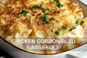 CHICKEN CORDON BLEU CASSEROLE centered hero view, clean and uncluttered