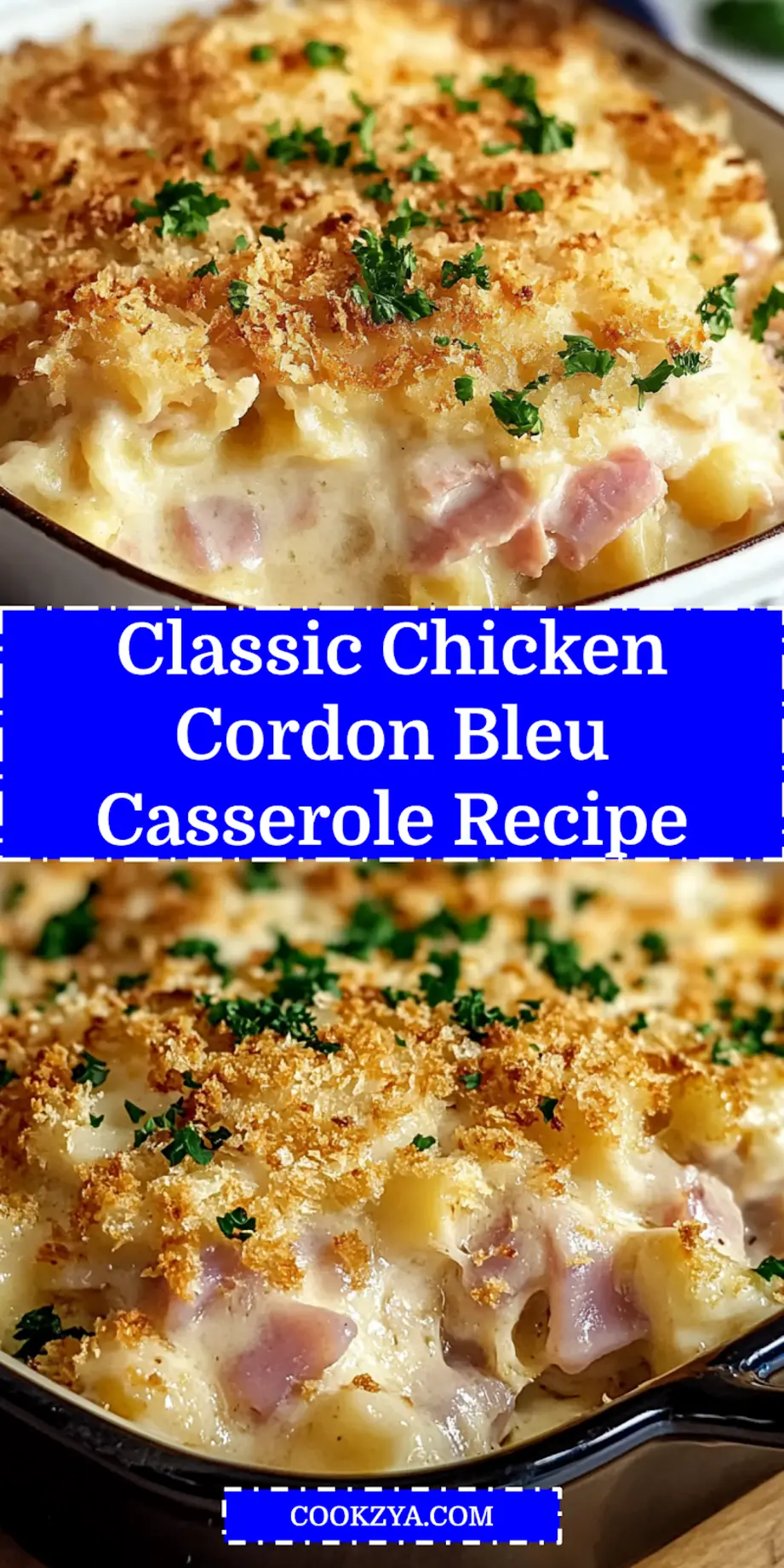 Close-up of Chicken Cordon Bleu Casserole with melted cheese and golden topping