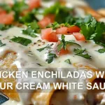 CHICKEN ENCHILADAS WITH SOUR CREAM WHITE SAUCE centered hero view, clean and uncluttered