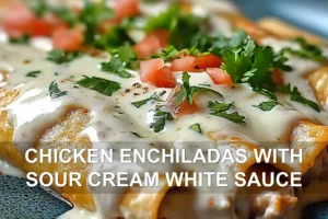 CHICKEN ENCHILADAS WITH SOUR CREAM WHITE SAUCE centered hero view, clean and uncluttered