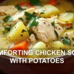 COMFORTING CHICKEN SOUP WITH POTATOES centered hero view, clean and uncluttered