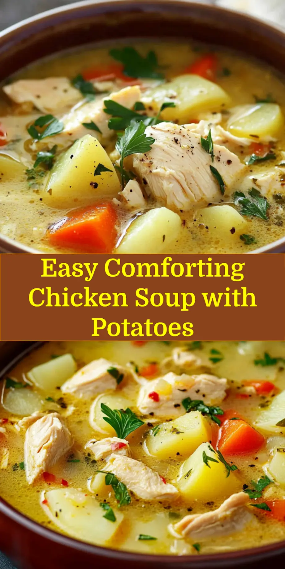 Easy Comforting Chicken Soup with Creamy Potatoes 7 COMFORTING CHICKEN SOUP WITH POTATOES centered hero view, clean and uncluttered_pin