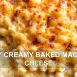 COZY CREAMY BAKED MAC AND CHEESE centered hero view, clean and uncluttered