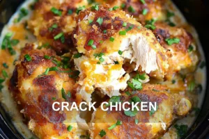 Irresistible Crack Chicken Deliciously Simple to Make CRACK CHICKEN centered hero view, clean and uncluttered