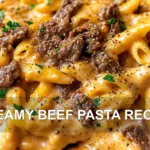 CREAMY BEEF PASTA RECIPE centered hero view, clean and uncluttered