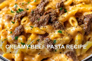 CREAMY BEEF PASTA RECIPE centered hero view, clean and uncluttered