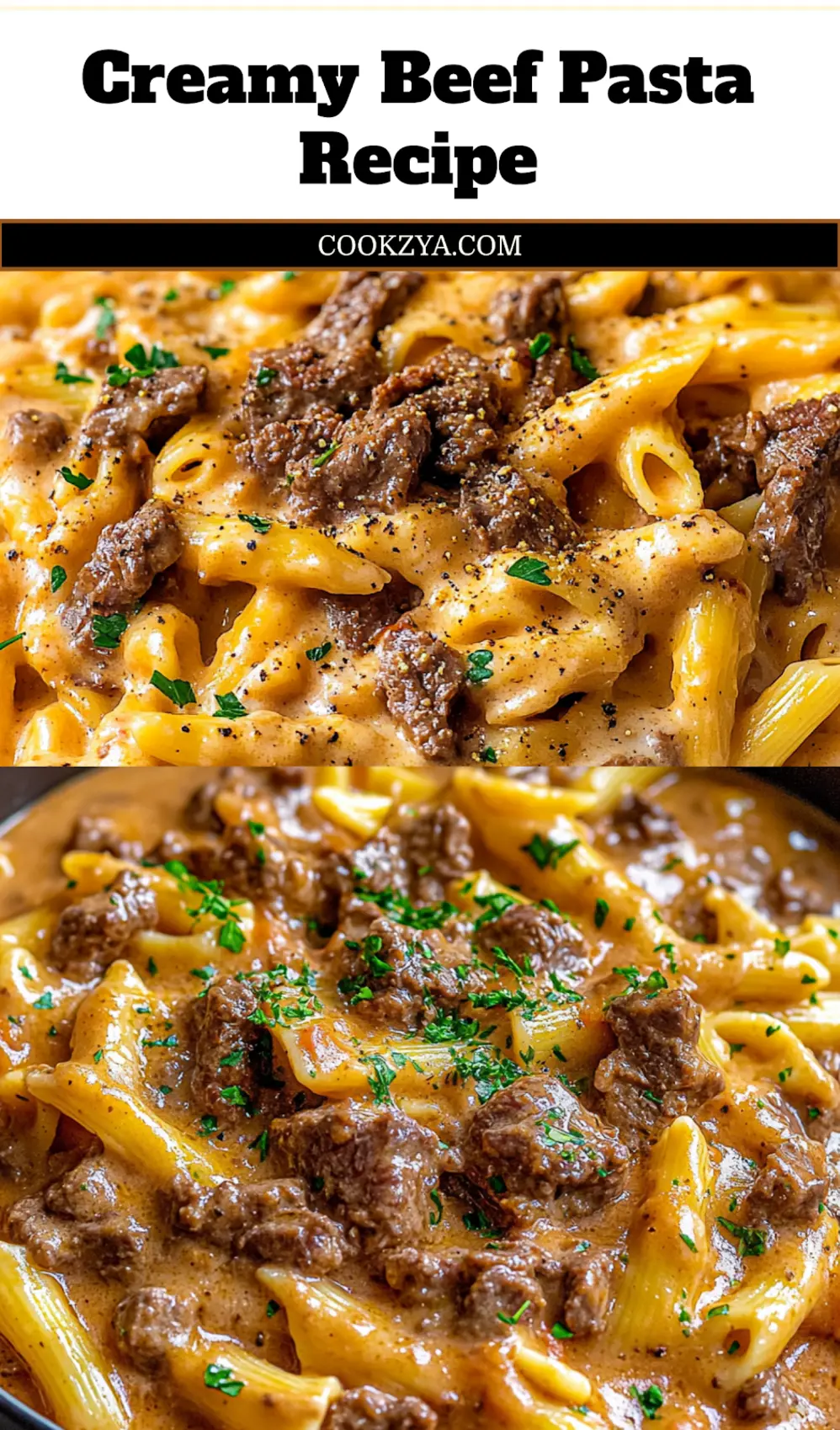 Quick Creamy Beef Pasta Recipe to Enjoy 7 CREAMY BEEF PASTA RECIPE centered hero view, clean and uncluttered_pin