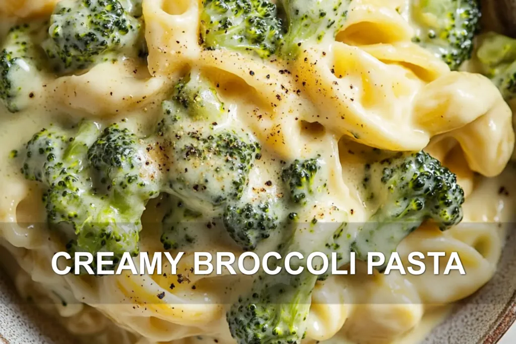 CREAMY BROCCOLI PASTA centered hero view, clean and uncluttered