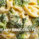 CREAMY BROCCOLI PASTA centered hero view, clean and uncluttered