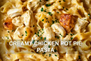 CREAMY CHICKEN POT PIE PASTA centered hero view, clean and uncluttered