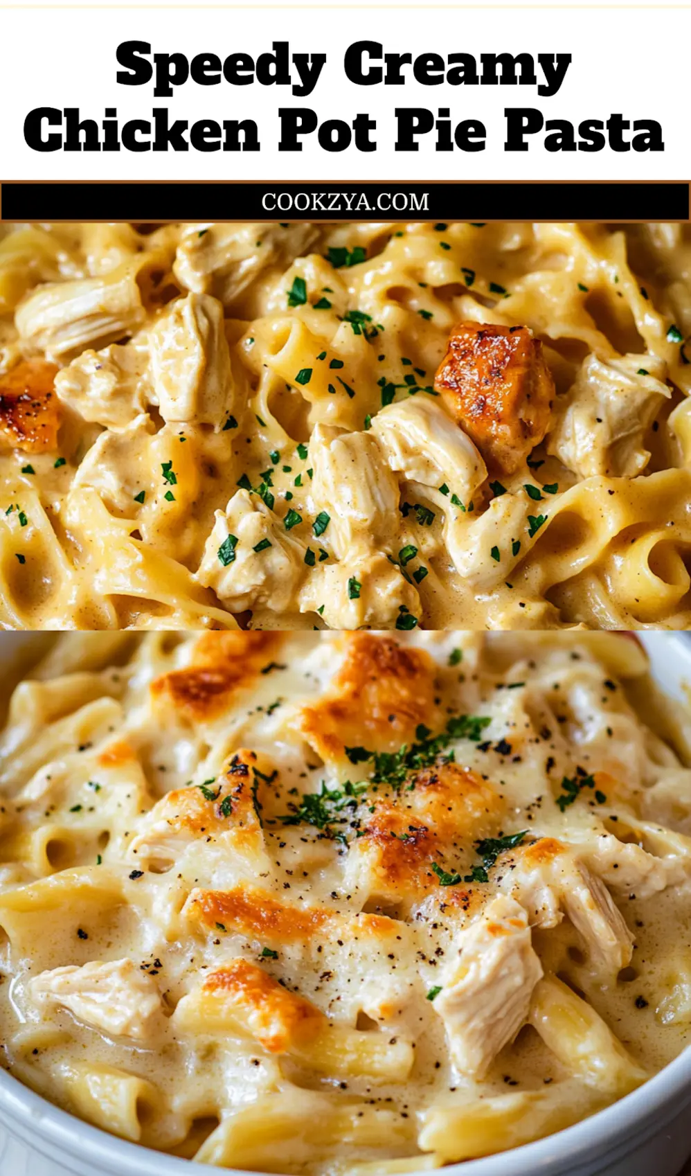 Delicious Creamy Chicken Pot Pie Pasta Recipe 7 Plated creamy chicken pot pie pasta on a white plate, garnished with parsley