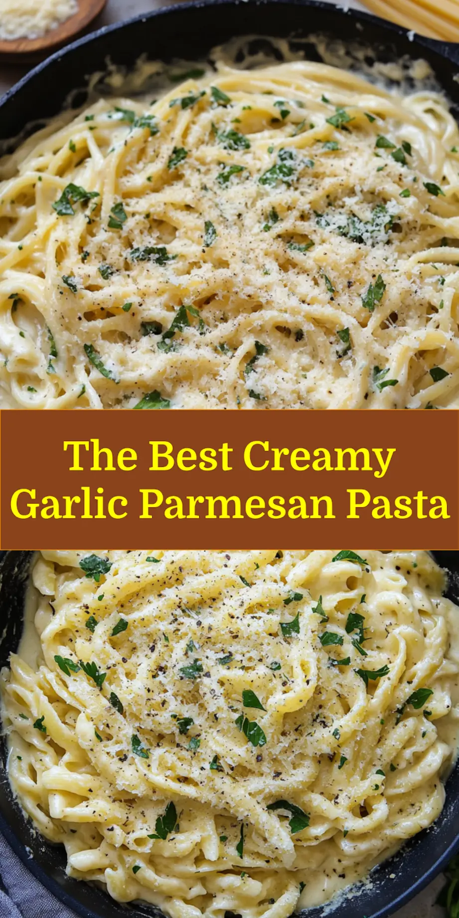 Creamy garlic parmesan pasta served on a plate, garnished with parsley and parmesan