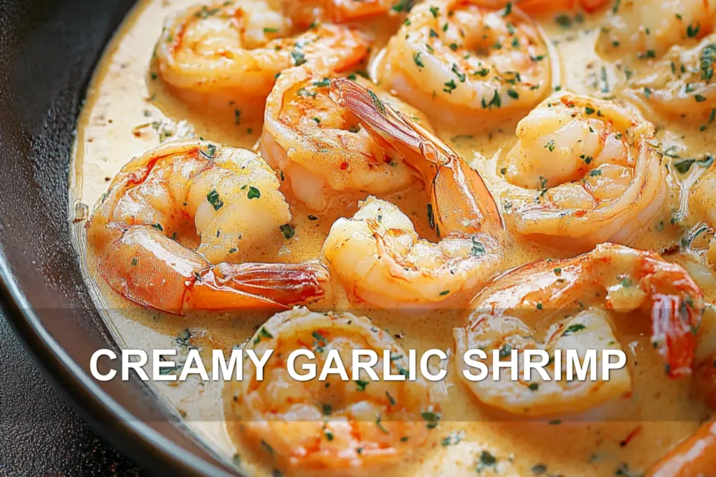 CREAMY GARLIC SHRIMP centered hero view, clean and uncluttered