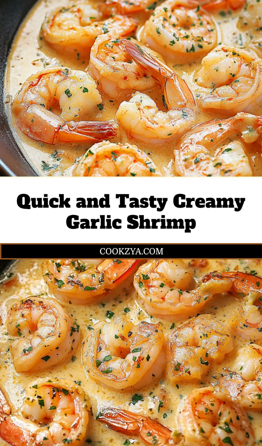 Creamy garlic shrimp served in a white bowl, garnished with parsley