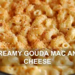CREAMY GOUDA MAC AND CHEESE centered hero view, clean and uncluttered