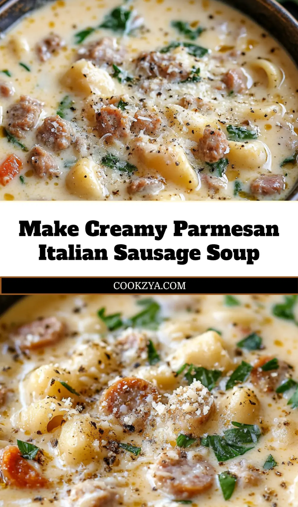 Creamy Parmesan Italian Sausage Soup served in a bowl, garnished with parsley and Parmesan