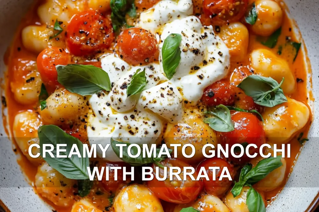 CREAMY TOMATO GNOCCHI WITH BURRATA centered hero view, clean and uncluttered