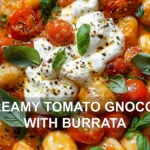 CREAMY TOMATO GNOCCHI WITH BURRATA centered hero view, clean and uncluttered