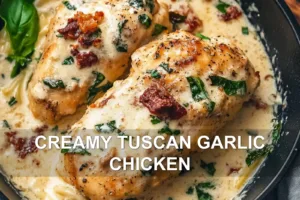 CREAMY TUSCAN GARLIC CHICKEN centered hero view, clean and uncluttered