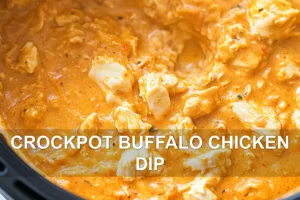 How to Make the Best Crockpot Buffalo Chicken Dip CROCKPOT BUFFALO CHICKEN DIP centered hero view, clean and uncluttered