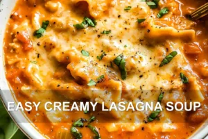 How to Make Easy Creamy Lasagna Soup Recipe EASY CREAMY LASAGNA SOUP centered hero view, clean and uncluttered