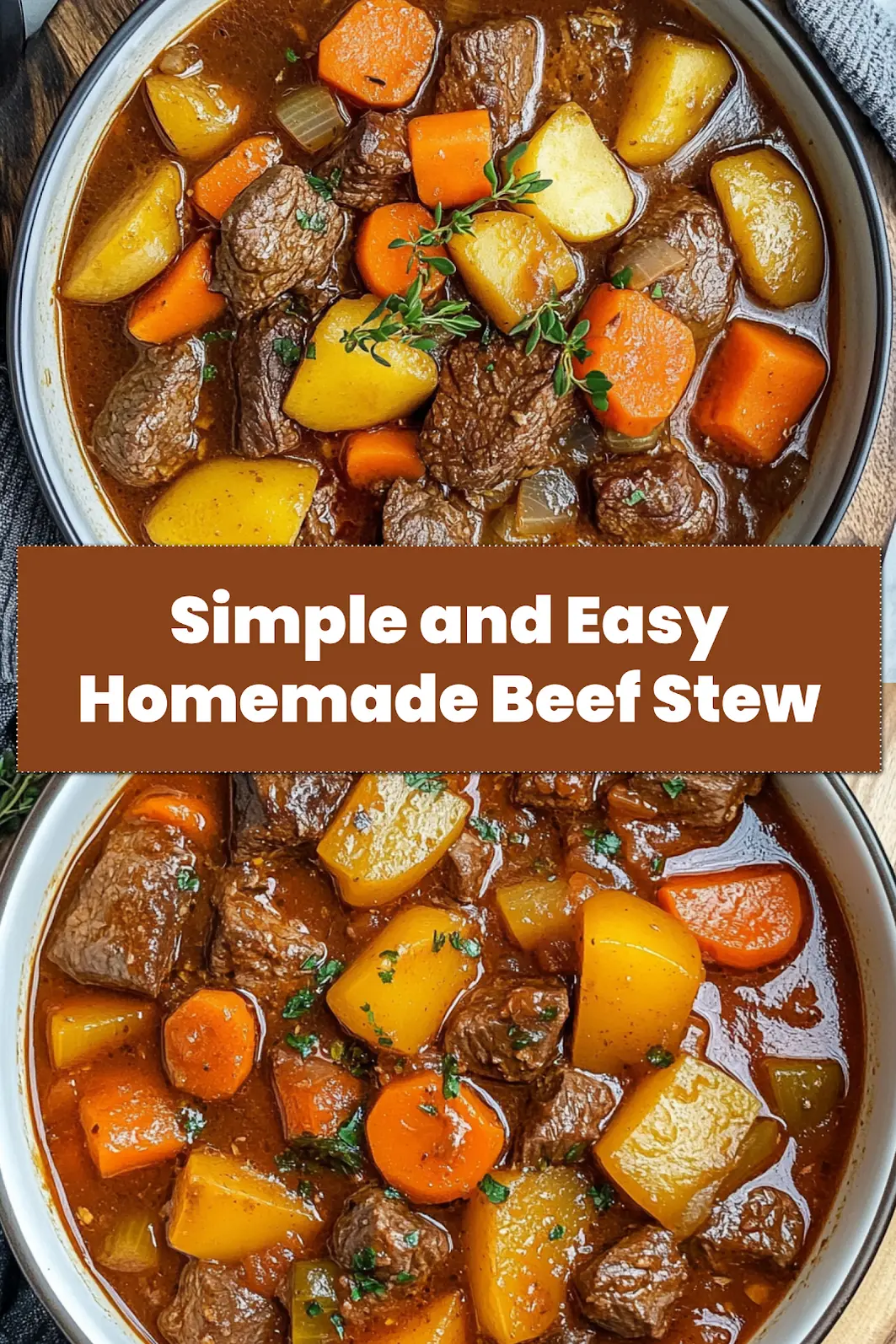 Close-up of a bowl of easy homemade beef stew with fresh thyme garnish
