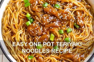 EASY ONE POT TERIYAKI NOODLES RECIPE centered hero view, clean and uncluttered