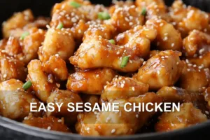How to Make Easy Sesame Chicken at Home Now EASY SESAME CHICKEN centered hero view, clean and uncluttered