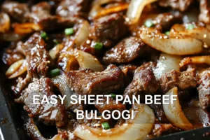 EASY SHEET PAN BEEF BULGOGI centered hero view, clean and uncluttered