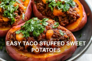 Delicious Easy Taco Stuffed Sweet Potatoes Recipe EASY TACO STUFFED SWEET POTATOES centered hero view, clean and uncluttered