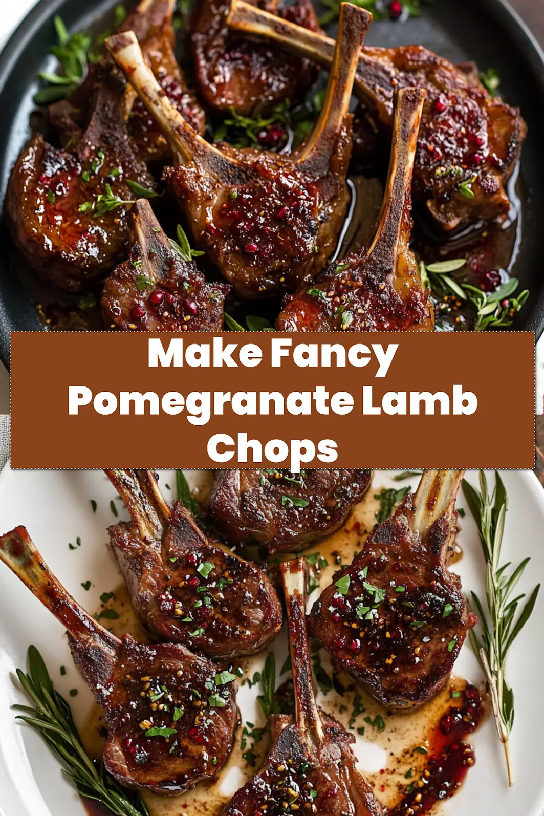 Fancy Pomegranate Lamb Chops plated with sauce and thyme garnish