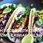 FISH TACOS WITH CILANTRO LIME CABBAGE SLAW centered hero view, clean and uncluttered