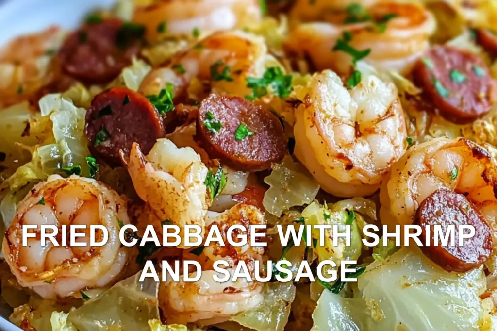 FRIED CABBAGE WITH SHRIMP AND SAUSAGE centered hero view, clean and uncluttered