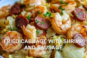FRIED CABBAGE WITH SHRIMP AND SAUSAGE centered hero view, clean and uncluttered