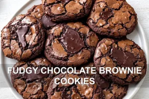 FUDGY CHOCOLATE BROWNIE COOKIES centered hero view, clean and uncluttered