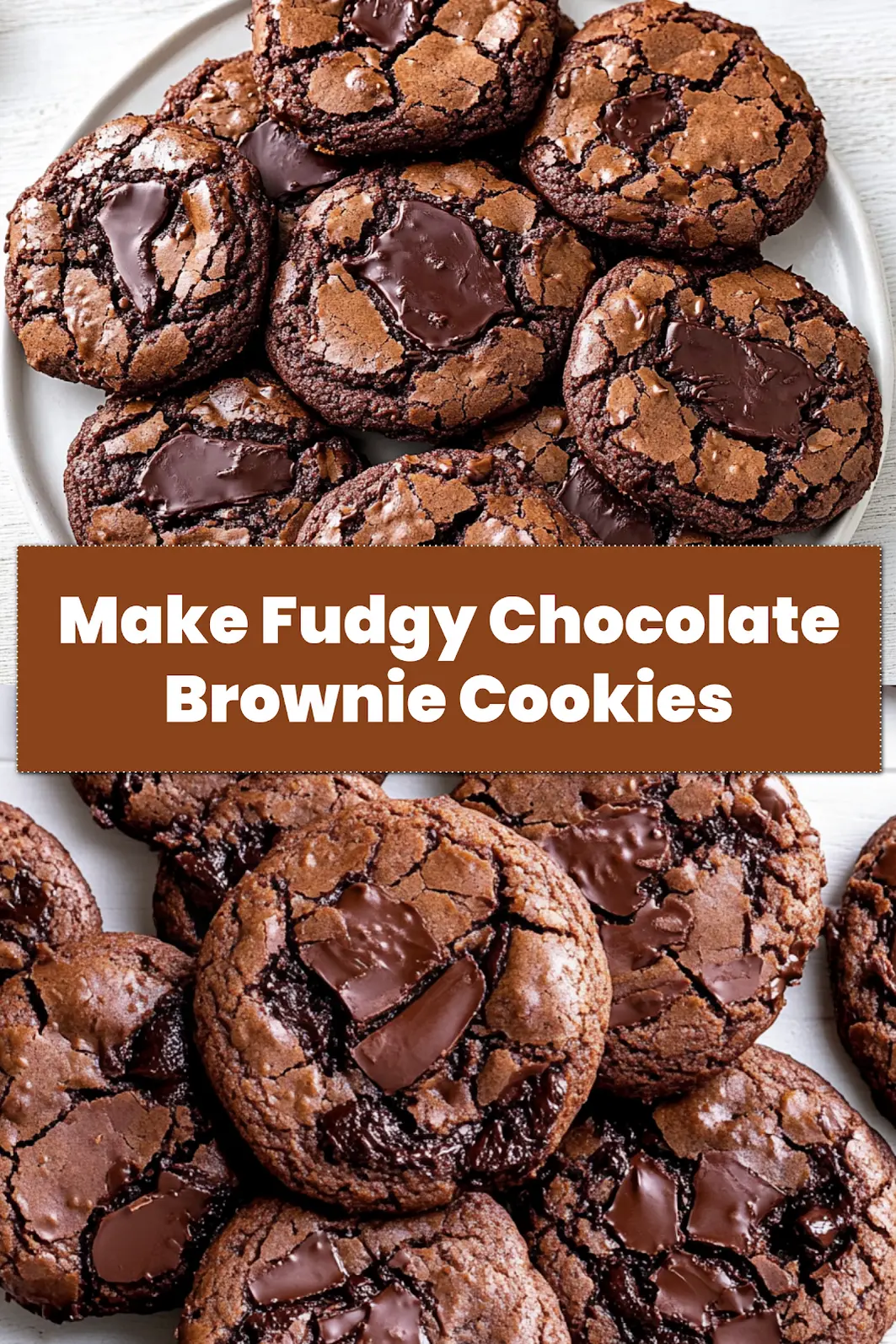 FUDGY CHOCOLATE BROWNIE COOKIES centered hero view, clean and uncluttered_pin