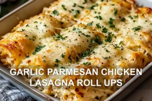 Irresistible Garlic Parmesan Chicken Lasagna Roll-Ups Recipe GARLIC PARMESAN CHICKEN LASAGNA ROLL UPS centered hero view, clean and uncluttered