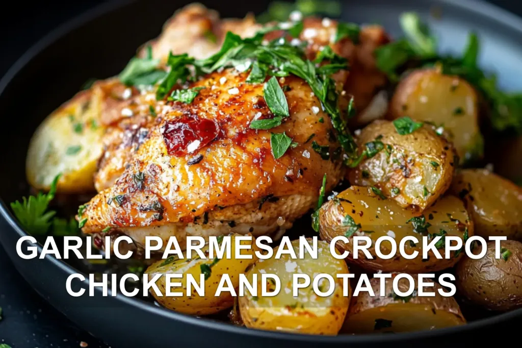 GARLIC PARMESAN CROCKPOT CHICKEN AND POTATOES centered hero view, clean and uncluttered