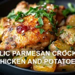 GARLIC PARMESAN CROCKPOT CHICKEN AND POTATOES centered hero view, clean and uncluttered