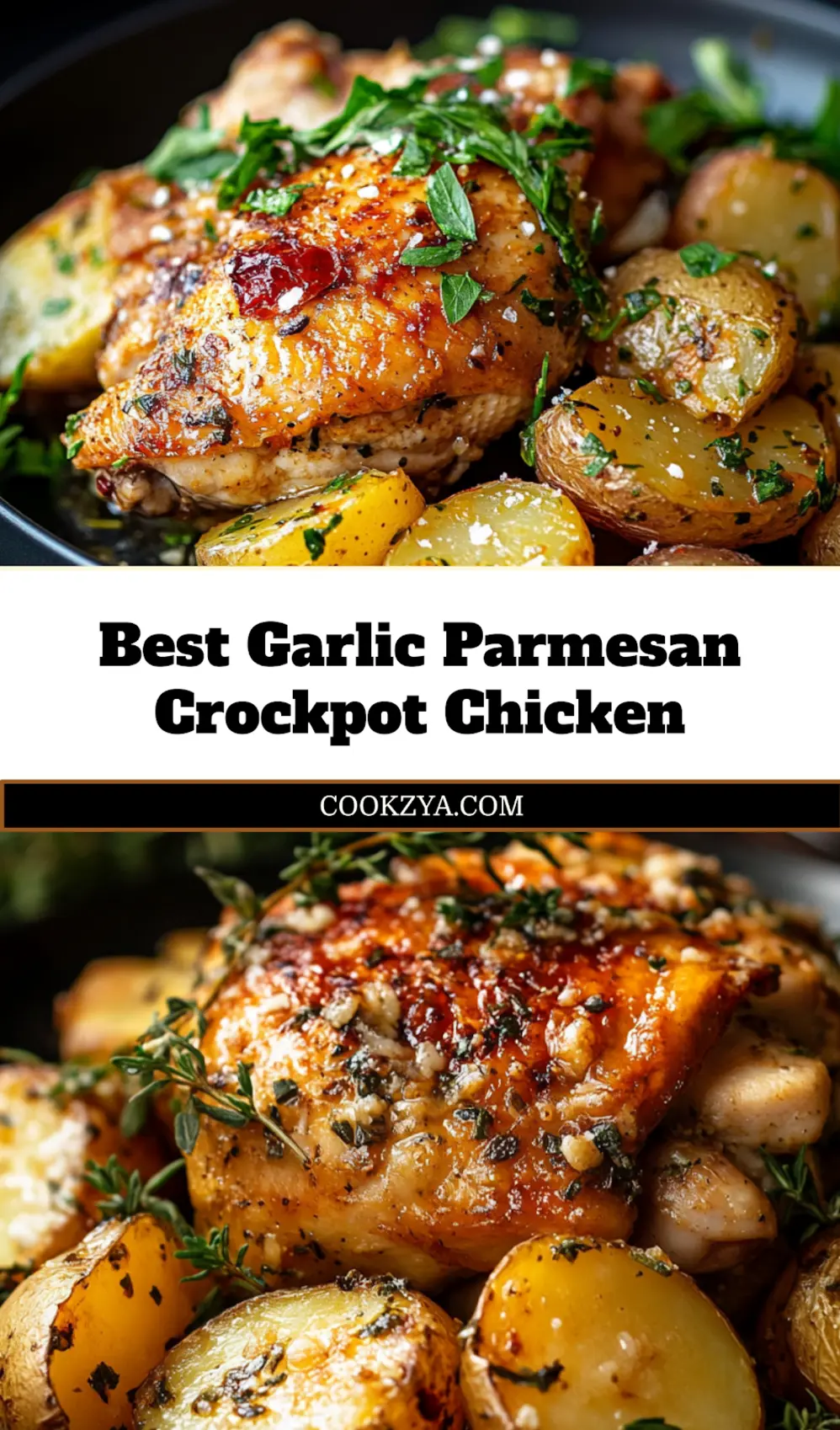 GARLIC PARMESAN CROCKPOT CHICKEN AND POTATOES centered hero view, clean and uncluttered_pin
